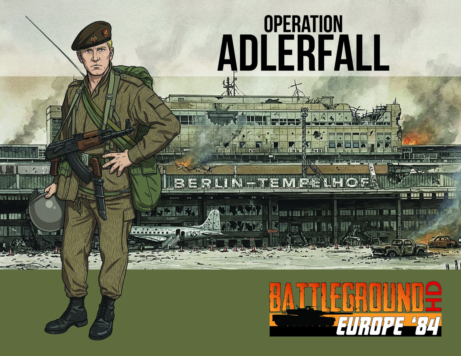 Operation Adlerfall scenario cover art showing an East German soldier in front of Berlin-Tempelhof airport